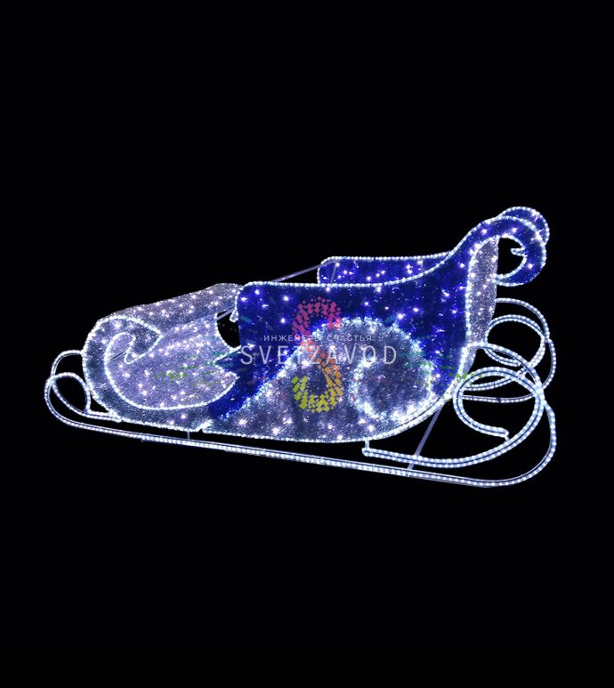 Детальное фото светодиодной конструкции "Новогодние сани деда мороза" 280х125х125 см с 1350 светодиодами, металлическим каркасом и степенью защиты IP65.