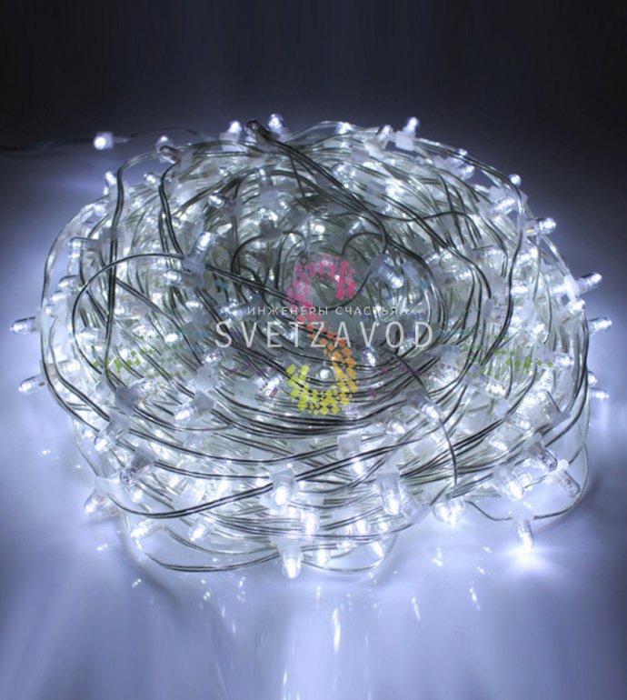 Детальное фото гирлянды Клип Лайт 12В: прозрачный ПВХ кабель, светодиоды в защитных колпачках через каждые 15 см, бухта 100 метров.
