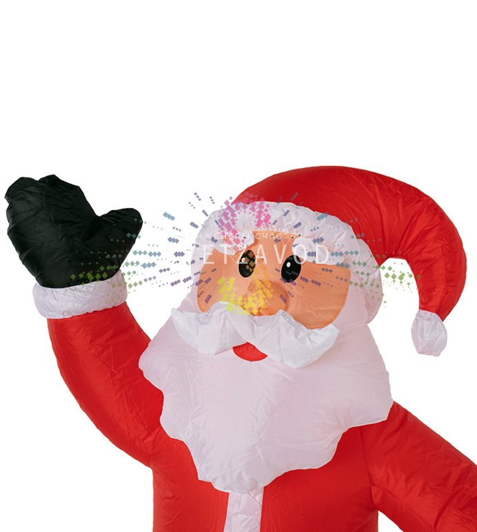 Детальное фото надувной фигуры 3D Дед Мороз приветствует. Видны прочный ПВХ материал, светодиодная подсветка, компрессор и адаптер 12В в комплекте.