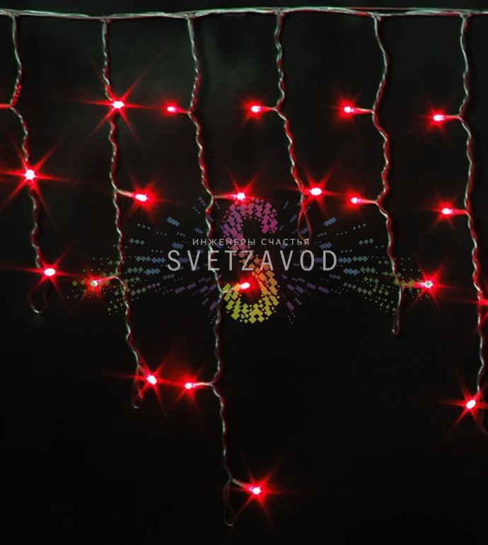 Детальное фото светодиодной бахромы Айсикл Rich Led: видны горизонтальный кабель 3м, вертикальные нити разной длины, красные светодиоды DIP, прозрачная изоляция ПВХ, коннекторы.