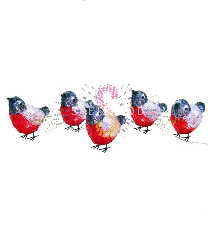 Детальное фото акриловой 3D фигуры 'Семья снегирей' с пятью фигурками, светящимися яркими светодиодами, на темном фоне.