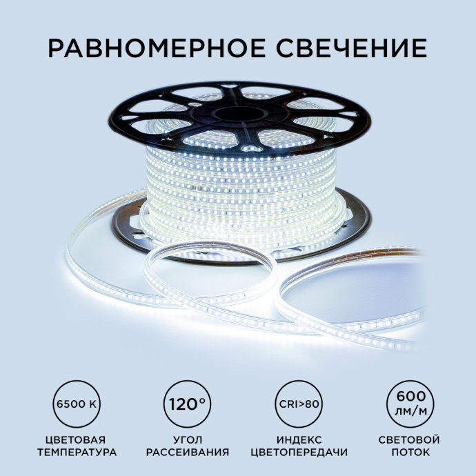 Макрофотография: гибкая светодиодная лента 220В 7Вт холодный белый свет 6500K в прозрачной силиконовой оболочке, видны smd2835 чипы, на катушке 50 метров