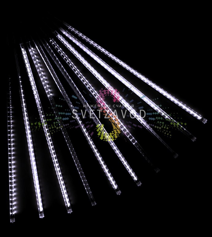 Детальное фото гирлянды Тающие сосульки Rich Led: 10 прозрачных пластиковых трубок по 50 см на 10-метровом кабеле, блок питания.