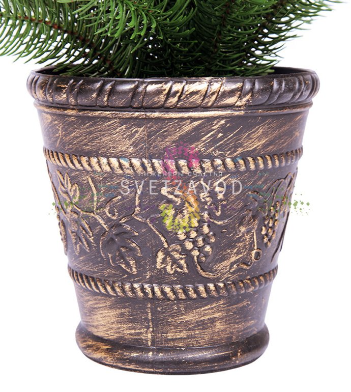 Детальное фото искусственной ели Neon-Night: литые ветки с тщательно проработанной хвоей, пластиковый бронзовый горшок, общий размер 45 см.