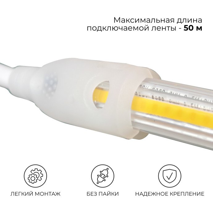 Детальное фото белого шнура питания 8А, 40 см, с вилкой и герметичным коннектором IP65 для ленты COB 220В 288д/м