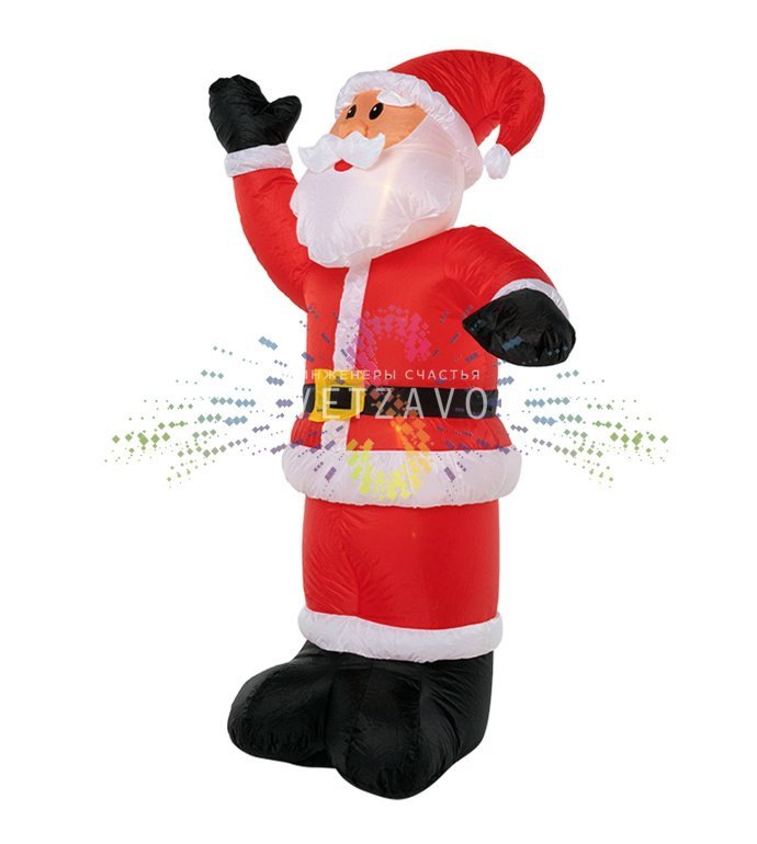 Детальное фото надувной фигуры 3D Дед Мороз приветствует. Видны прочный ПВХ материал, светодиодная подсветка, компрессор и адаптер 12В в комплекте.