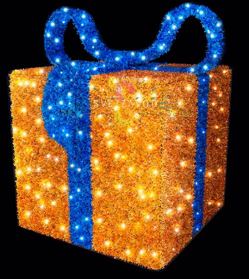 Световая фигура «Подарок» желтый, синий бант, 80х70см