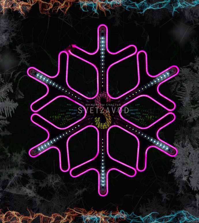 Крупный план светодиодной снежинки SZV-286 размером 60 см из розового неона с эффектом тающих сосулек, вилка питания и ушко для монтажа