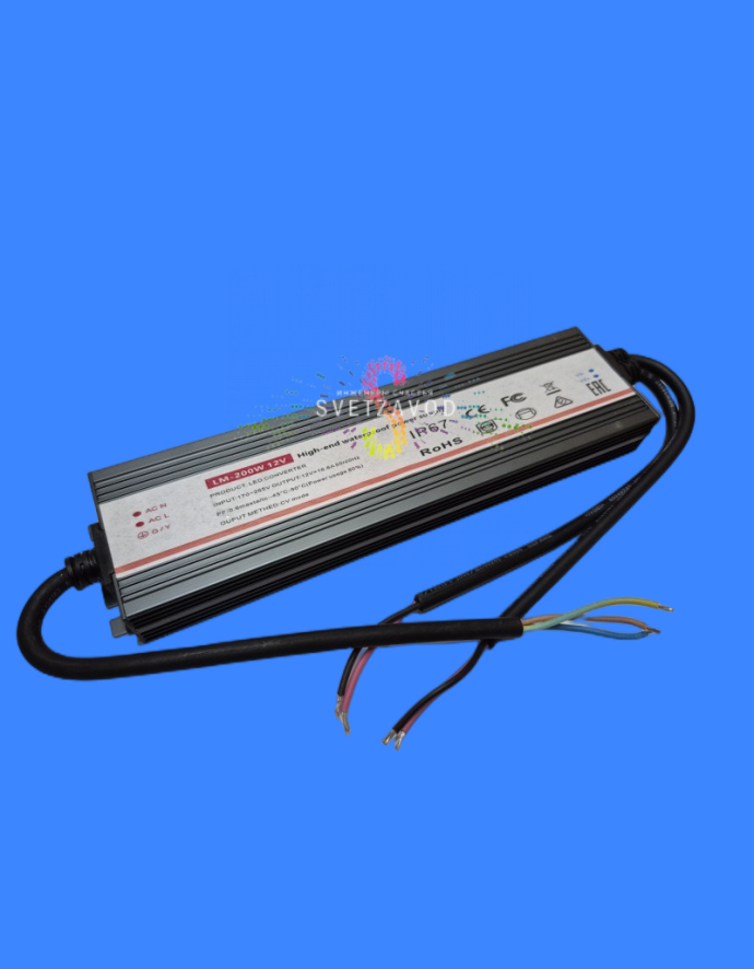 Импульсный блок питания SST-702 220/12В 200Вт IP67 в алюминиевом корпусе с маркировкой, вид сбоку Импульсный блок питания SST-702 220/12В 200Вт IP67 в алюминиевом корпусе с маркировкой, вид сбоку