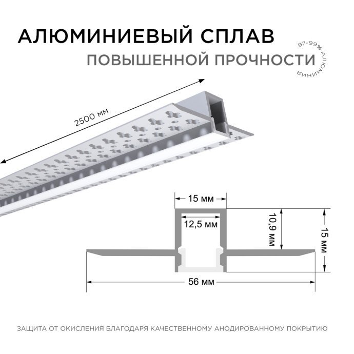 Алюминиевый профиль под штукатурку для LED ленты, серебристый анодированный корпус, белый матовый рассеиватель, длина 2.5м.