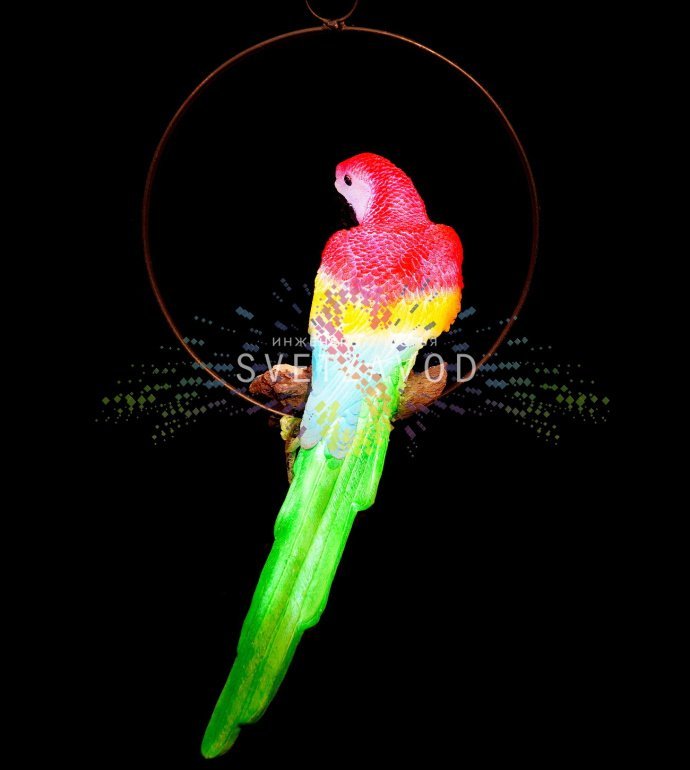 Детальное фото набора светодиодных фигур Попугаев из белого стекловолокна с яркой разноцветной светодиодной подсветкой в вечернем саду.