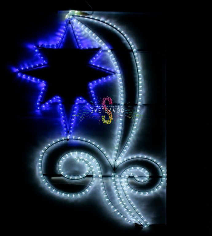 Детальное изображение светодиодной консоли 'Альтаир' для уличного освещения. Видны металлический каркас, звездные мотивы из светодиодов, крепежные элементы (пряжка бандажная и скрепа).