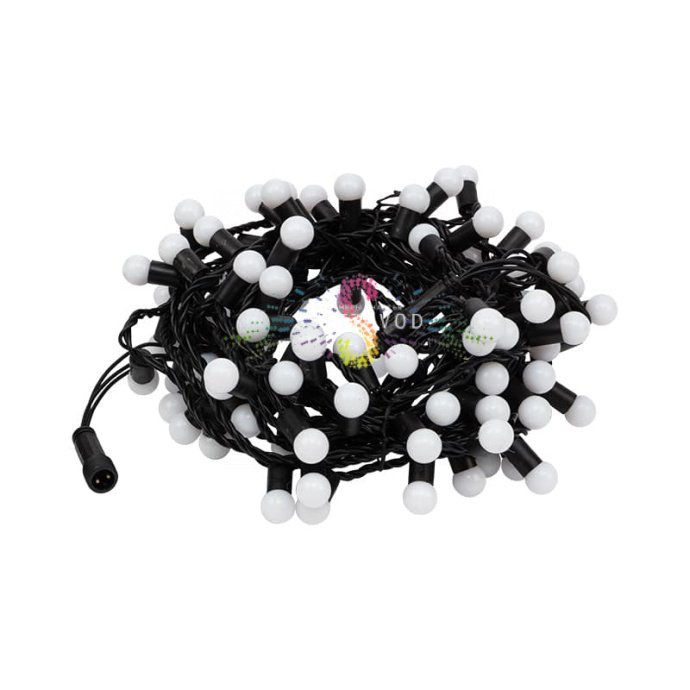 Детальное фото гирлянды Шарики: черный ПВХ-кабель, светодиодные шарики, степень защиты IP65, длина 10 метров, для уличного и интерьерного использования.