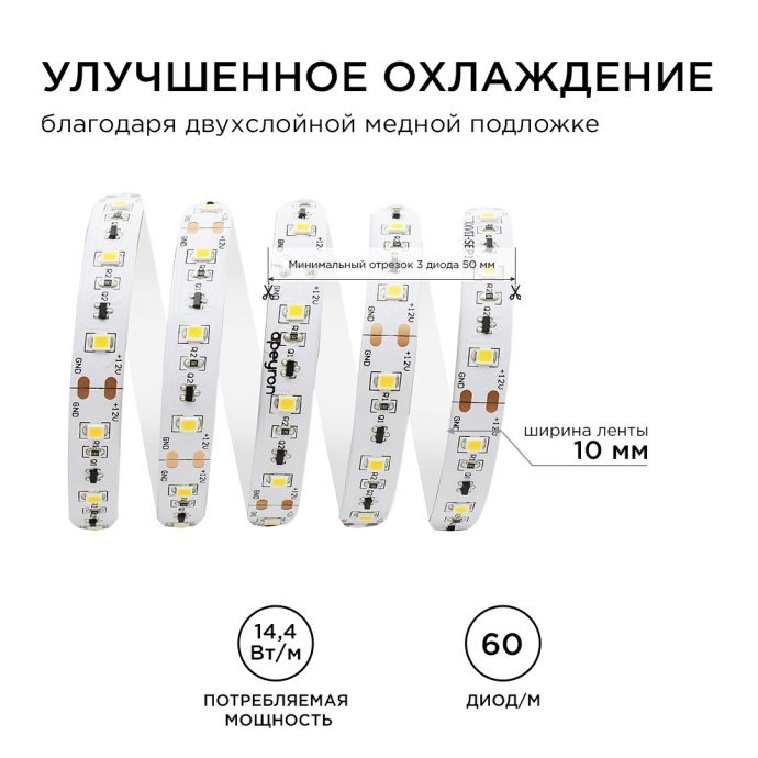 Светодиодная лента 12В SMD2835 холодный белый свет 6500K, 60LED/м, ширина 10 мм, крупный план.