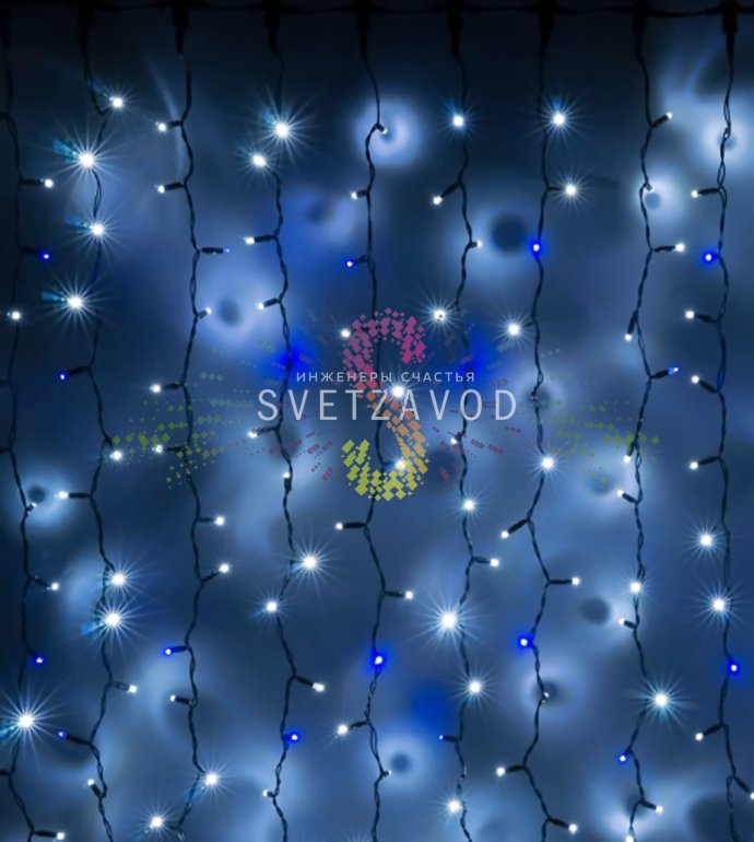 Детальное фото светодиодного дождя 2х1.5 метра с 20 нитями по 19 диодов, черный ПВХ провод, вилки для подключения.