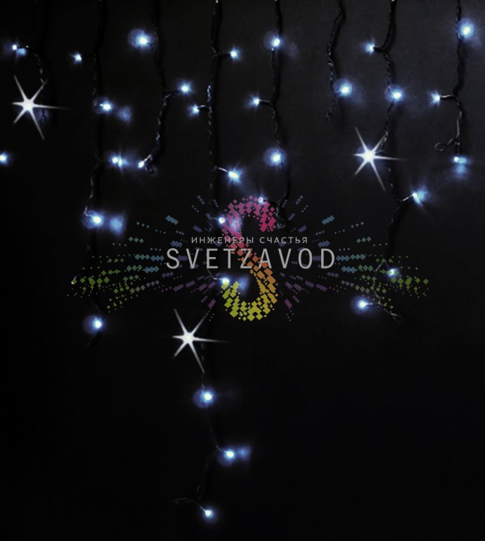 Детальное фото светодиодной бахромы Айсикл Rich Led: горизонтальная шина 3м с вертикальными нитями разной длины, черный каучуковый провод, светодиоды в защитных колпачках