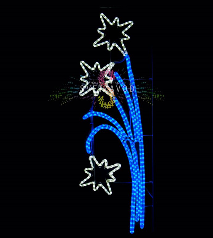 Детальное фото светодиодной консоли Букет белых звезд размером 120х40 см с синими и белыми светодиодами в металлическом корпусе для уличного использования.