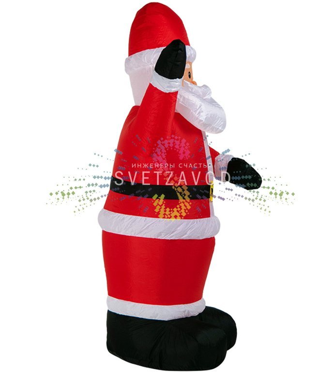 Детальное фото надувной фигуры 3D Дед Мороз 180 см от Neon-Night. Видны светодиодная подсветка, прочный ПВХ материал, компрессор и элементы крепления в комплекте.