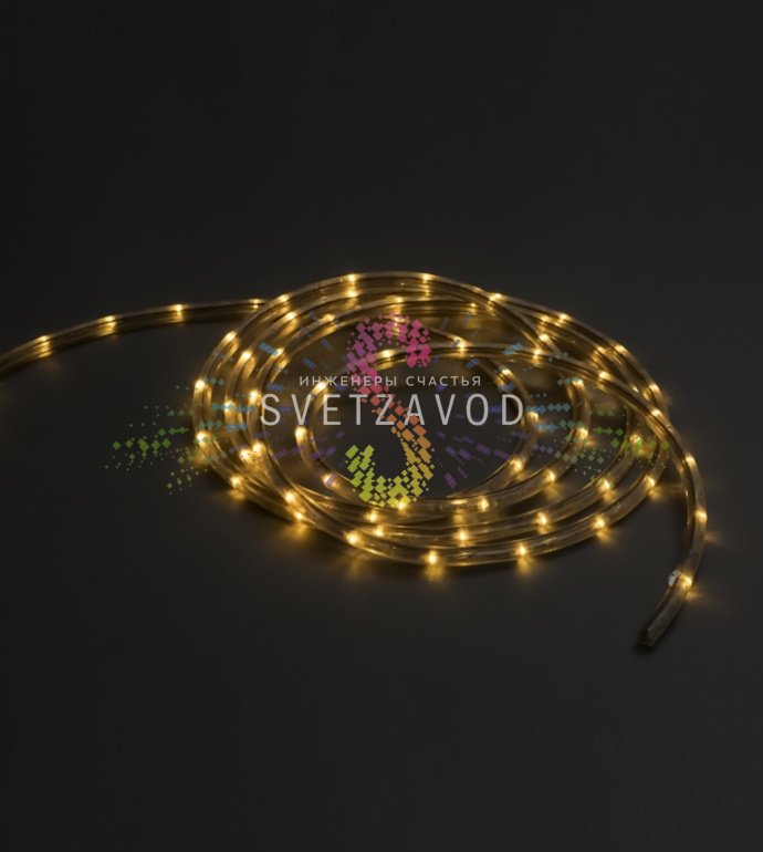 Крупный план светодиодного дюралайта 13 мм 220В с функцией чейзинга. Видны яркие светодиоды, прозрачная ПВХ-оболочка и гибкая структура шнура.