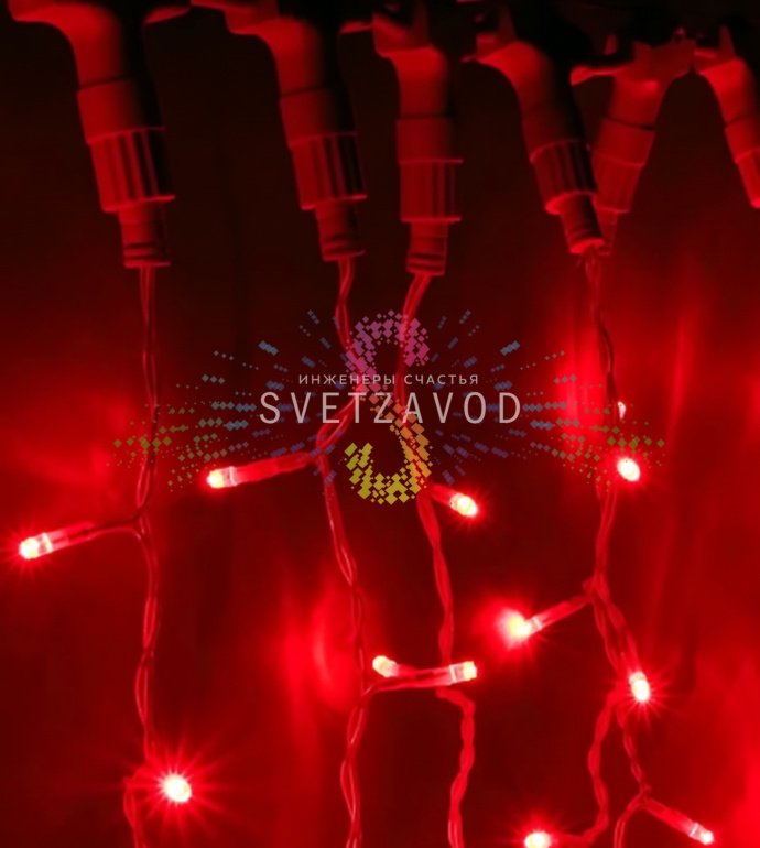 Детальное фото светодиодного занавеса Дождь 2х3м: горизонтальный шлейф с 20 вертикальными нитями по 3м, красные светодиоды DIP с защитными колпачками, белый ПВХ кабель, коннекторы для соединения.