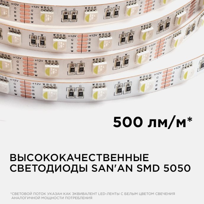 Многоцветная LED лента 12В SMD5050 60д/м IP20 5м, RGB+хол. белый, 500 лм/м, 256 оттенков, рез 50 мм, подложка 12мм.