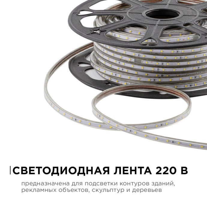 Детальное фото светодиодной ленты 220В 5Вт/м IP65: прозрачная ПВХ-оболочка, SMD 2835, теплый белый свет 3000К, 50 метров в бухте, разъем подключения