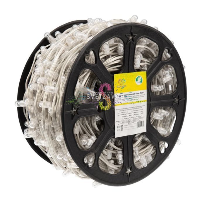 Крупный план светодиодной гирлянды Клип Лайт 12В с эффектом мерцания, прозрачным ПВХ-кабелем, защитными колпачками на диодах и степенью защиты IP65. Крупный план светодиодной гирлянды Клип Лайт 12В с эффектом мерцания, прозрачным ПВХ-кабелем, защитными колпачками на диодах и степенью защиты IP65.