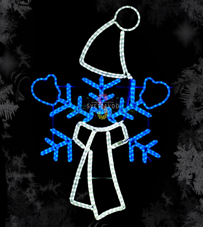 Детальное фото светодиодной консоли 'Снежинка в шапке'. Видны металлический каркас, светодиодные линии синего и белого цвета, элементы крепления бандажной лентой.