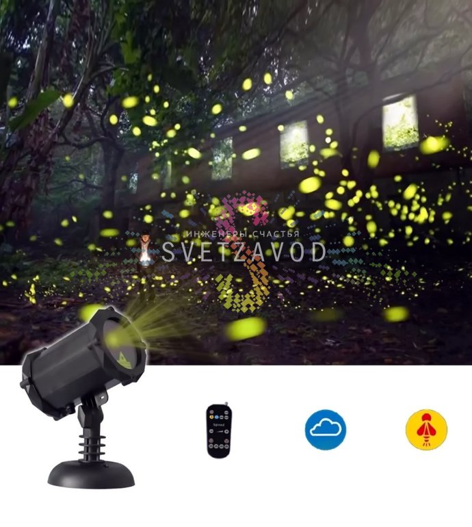 Детальное фото лазерной подсветки Garden X-55: черный корпус из АБС-пластика, элементы управления, разъемы, основание для установки в грунт и встроенная bluetooth-колонка.