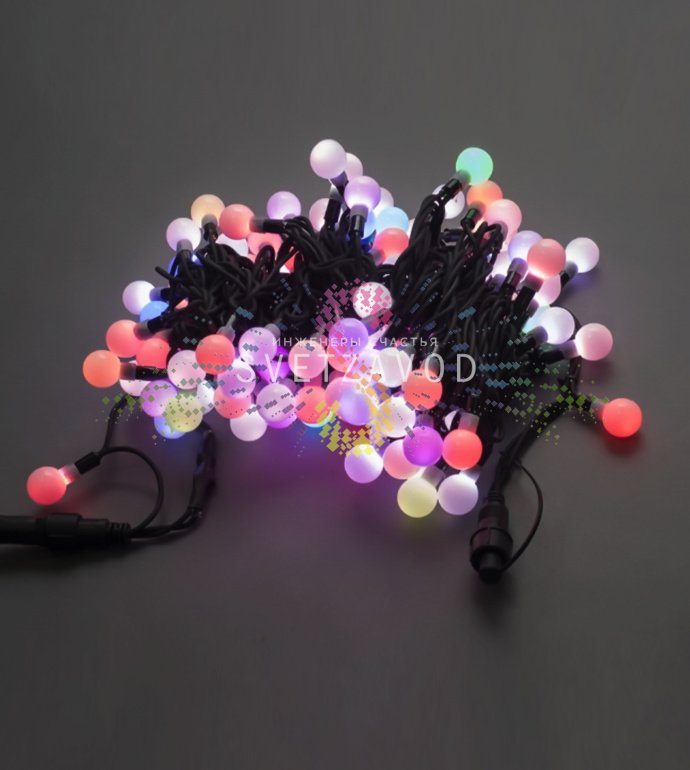Детальное фото гирлянды Шарики SML-256: черный каучуковый шнур с 100 RGB светодиодами в шарообразных плафонах, степень защиты IP65. Детальное фото гирлянды Шарики SML-256: черный каучуковый шнур с 100 RGB светодиодами в шарообразных плафонах, степень защиты IP65.