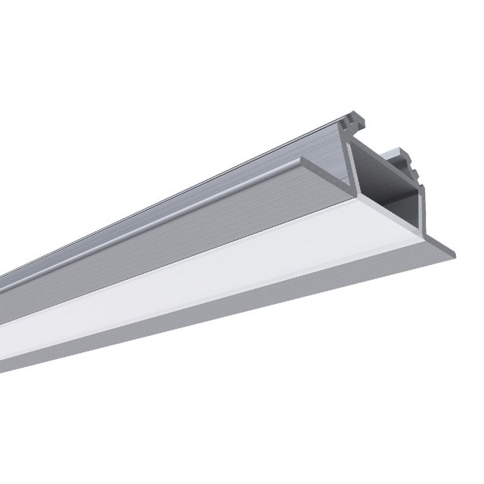 Детальное фото алюминиевого углового профиля для LED ленты 28,5x10,4 мм, серебристый, с матовым белым рассеивателем и заглушками.