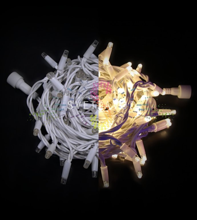 Детальное фото гирлянды-нити Стринг Лайт Rich Led: резиновый белый провод, светодиоды с защитными колпачками, длина 10 метров, степень защиты IP65.