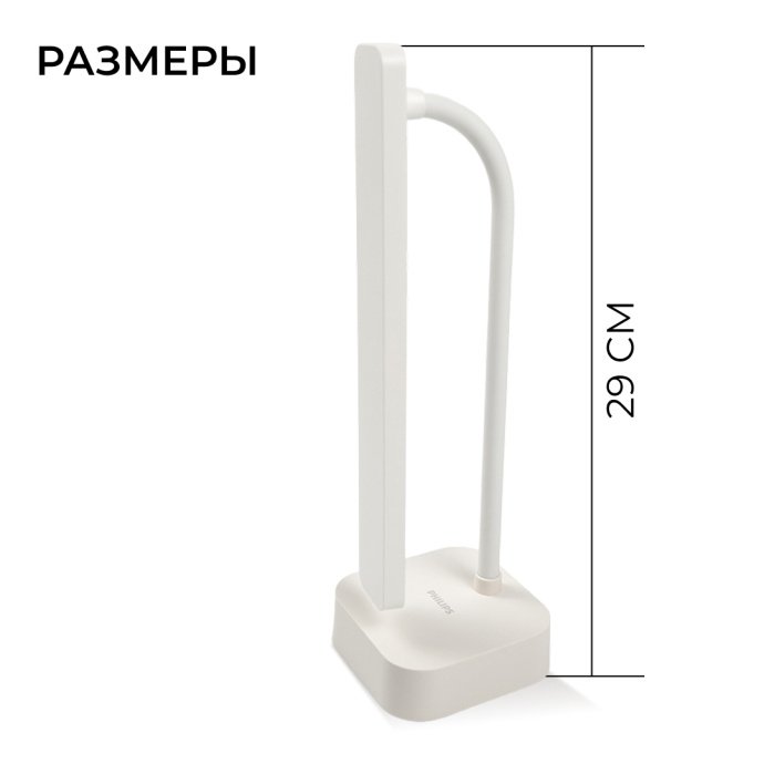 Детальное фото настольной лампы Tilpa DSK212 PT 5W 5000K USB: компактный корпус 28х10х10 см, черный цвет, гибкая ножка, холодный белый свет
