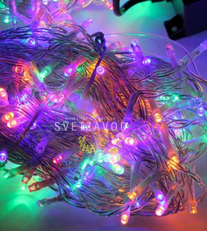 Детальное фото гирлянды Клип Лайт Спайдер: 5 прозрачных нитей по 20м с разноцветными светодиодами, блок питания 220/24В, упаковка.