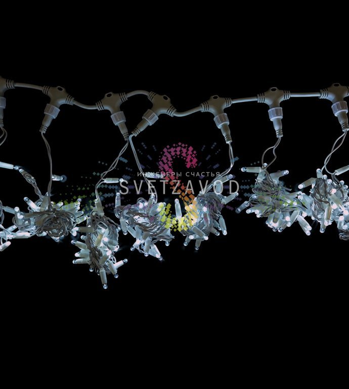 Детальное фото светодиодного дождя Rich Led: 20 нитей по 2 метра, 400 светодиодов, белый ПВХ провод, IP65 для улицы.