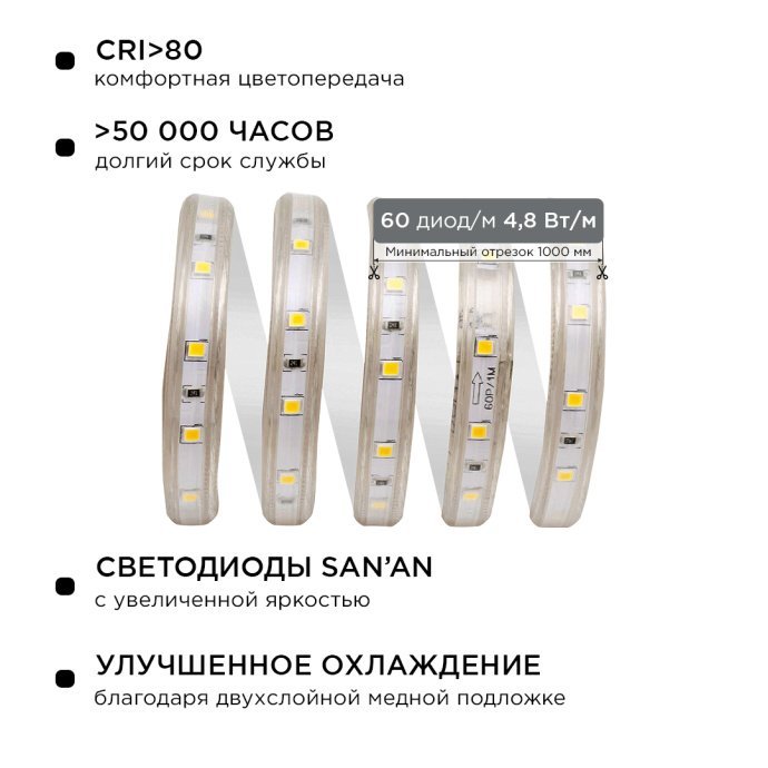 Крупным планом: светодиодная лента 3000K, силикон IP65, 60LED/м, 300Лм, 5м, шнур 220В, для улицы.