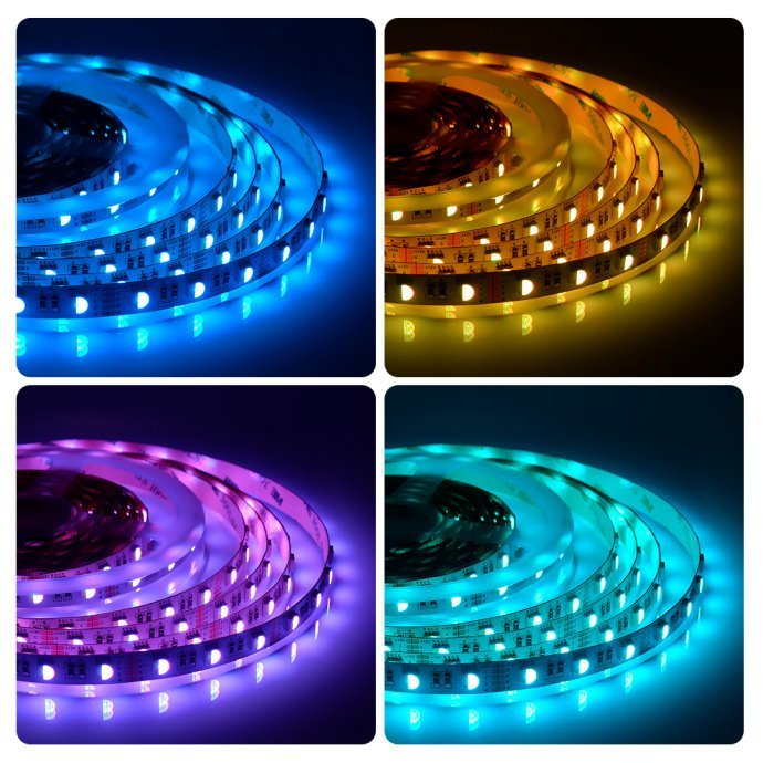 Многоцветная LED лента 12В SMD5050 60д/м IP20 5м, RGB+хол. белый, 500 лм/м, 256 оттенков, рез 50 мм, подложка 12мм.