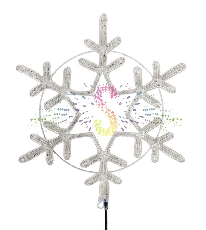 Детальное фото светодиодной снежинки Neon-Night на металлическом каркасе. Видны светодиодный дюралайт, ушко для монтажа и шнур питания.