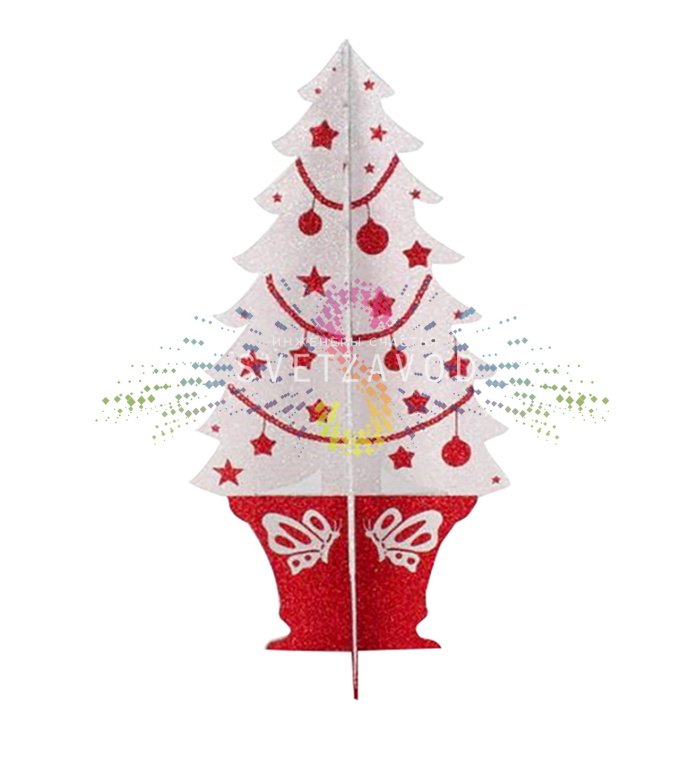 Детальное фото объемной складной елочной фигуры Елочка 3D от Neon-Night красно-белого цвета, размером 56 на 30 см, на фоне еловых веток