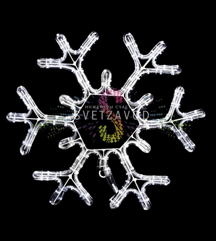 Детальное фото светодиодной снежинки 43 см (арт. SZV-269) с синим и белым свечением, металлическим каркасом и ушком для монтажа.