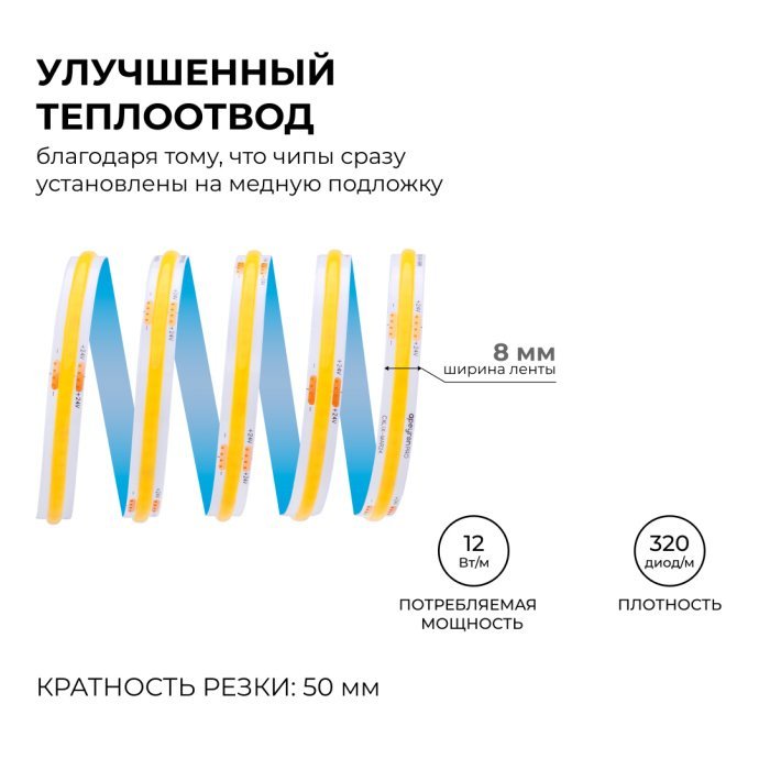Детальное фото ленты 00-383 COB холодный белый 6500K, медная подложка 8мм, нарезка 50мм, 1000лм/м.
