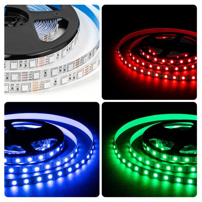 Фото ленты RGB 12В 14.4Вт/м, SMD5050 60LED/м, IP20, белая подложка, контакты пайки, многоцветное свечение.