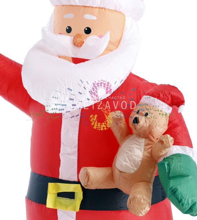 Детальное фото надувной фигуры 3D Дед Мороз с медвежонком: видна объемная конструкция, яркая светодиодная подсветка, компрессор и элементы крепления в комплекте