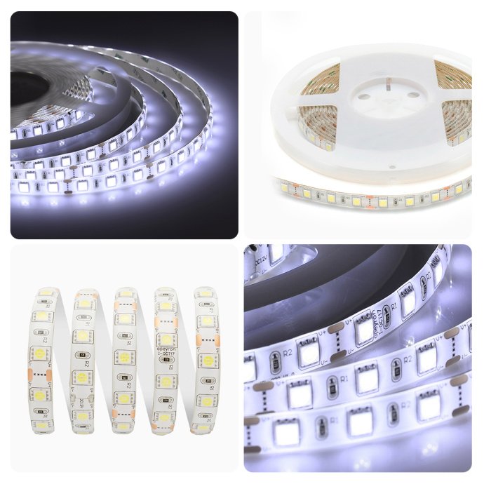 Детальное изображение светодиодной ленты 12В холодного белого свечения SMD5050 60д/м IP65, бухта 5м на белой основе.