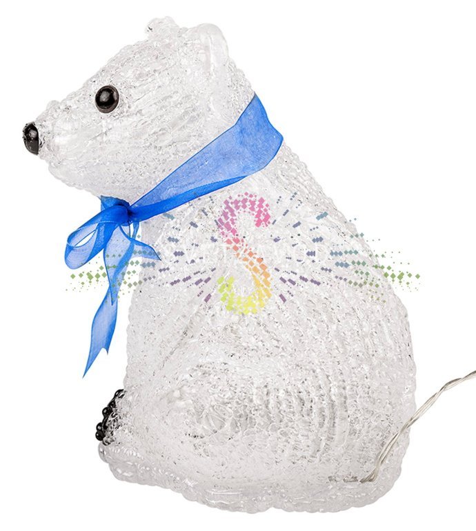 Детальное фото акриловой светодиодной фигуры Белый мишка. Видны 20 светодиодов, объемная конструкция высотой 20 см, материал акрил. Фигура в выключенном и включенном состоянии. Детальное фото акриловой светодиодной фигуры Белый мишка. Видны 20 светодиодов, объемная конструкция высотой 20 см, материал акрил. Фигура в выключенном и включенном состоянии.