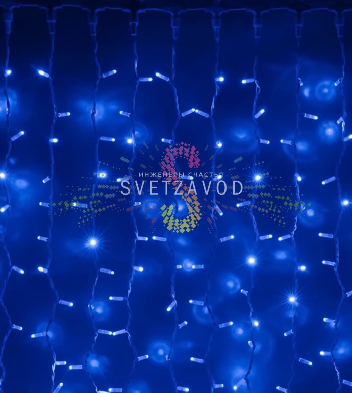 Детальное фото светодиодного занавеса Дождь 2х9м, синий, с эффектом мерцания. Видны белые ПВХ провода, 20 вертикальных нитей по 9 метров с диодами.