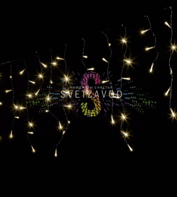 Детальное фото светодиодной бахромы Айсикл: горизонтальный кабель 3 метра с вертикальными нитями разной длины, черный провод ПВХ, теплые белые светодиоды.