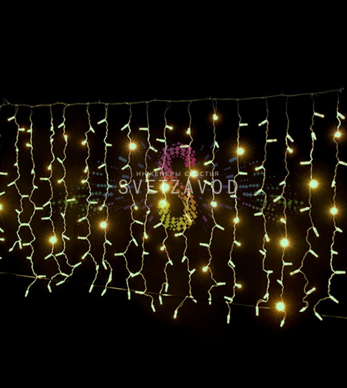 Детальное фото светодиодного дождя Rich Led: белый ПВХ шлейф длиной 2 метра с 20 нитями по 1 метру, 200 светодиодов теплого белого свечения.