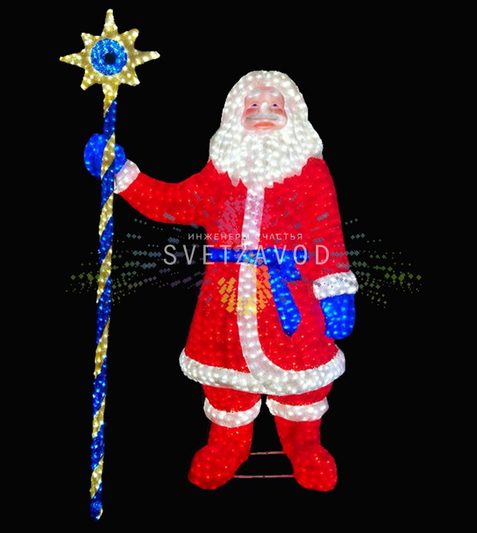Детальное фото уличной акриловой 3D фигуры Дед Мороз с посохом, 5800 светодиодов, защита IP65