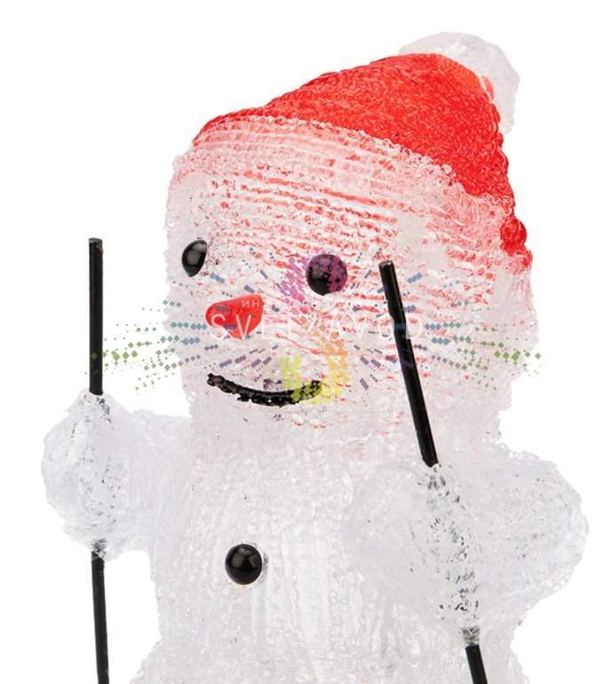 Детальное фото акриловой светодиодной фигуры 3D Снеговик на лыжах от Neon-Night. Видны 30 светодиодов, объемная форма, размеры 16х20х29 см, используется в интерьере. Детальное фото акриловой светодиодной фигуры 3D Снеговик на лыжах от Neon-Night. Видны 30 светодиодов, объемная форма, размеры 16х20х29 см, используется в интерьере.